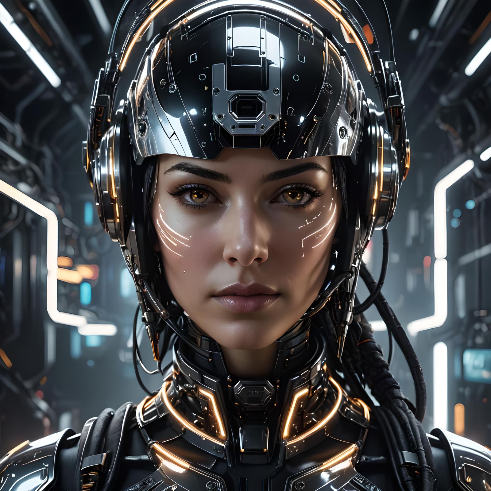 Cyberpunk Woman with Robotic Helmet in 8K