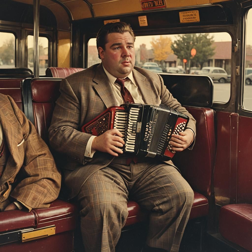 Man with Accordion on Bus in Retro Style