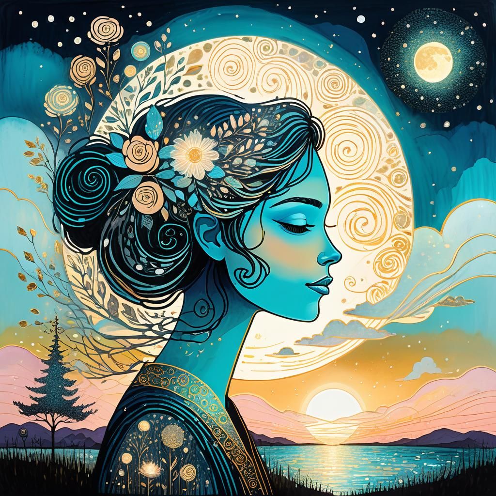 Goddess in Surreal Pastel Sky, Alcohol-Ink Illustration