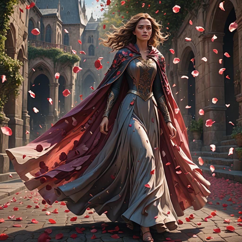 Woman Walking with Rose Petals in a Fantastical Scene