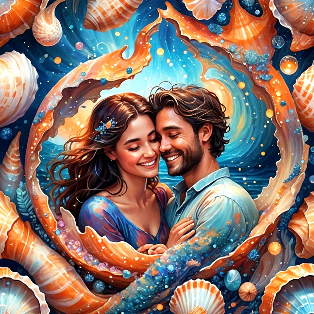 Lovers Embrace in Ocean Shell: Fantasy Art