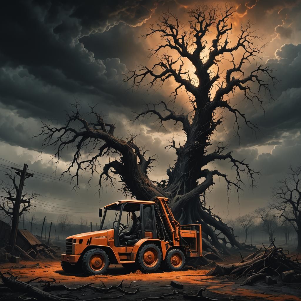 Forklift in Desolate Landscape, Gustave Doré Style