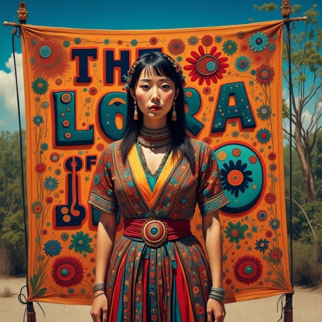 Woman Before Eclectic Banner in Dreamy Lomography Style