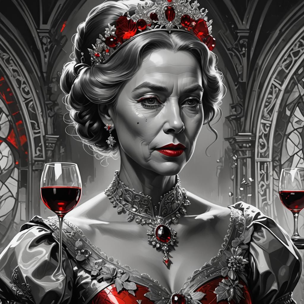 Queen Elizabeth Portrait with Red Wine, Detailed Art