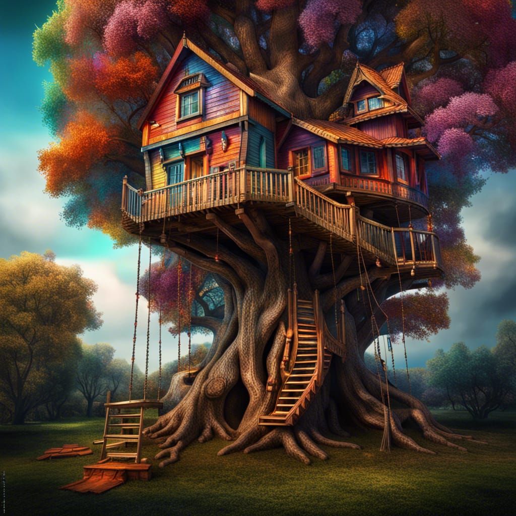 Hyperrealistic Colorful Treehouse on Oak Tree