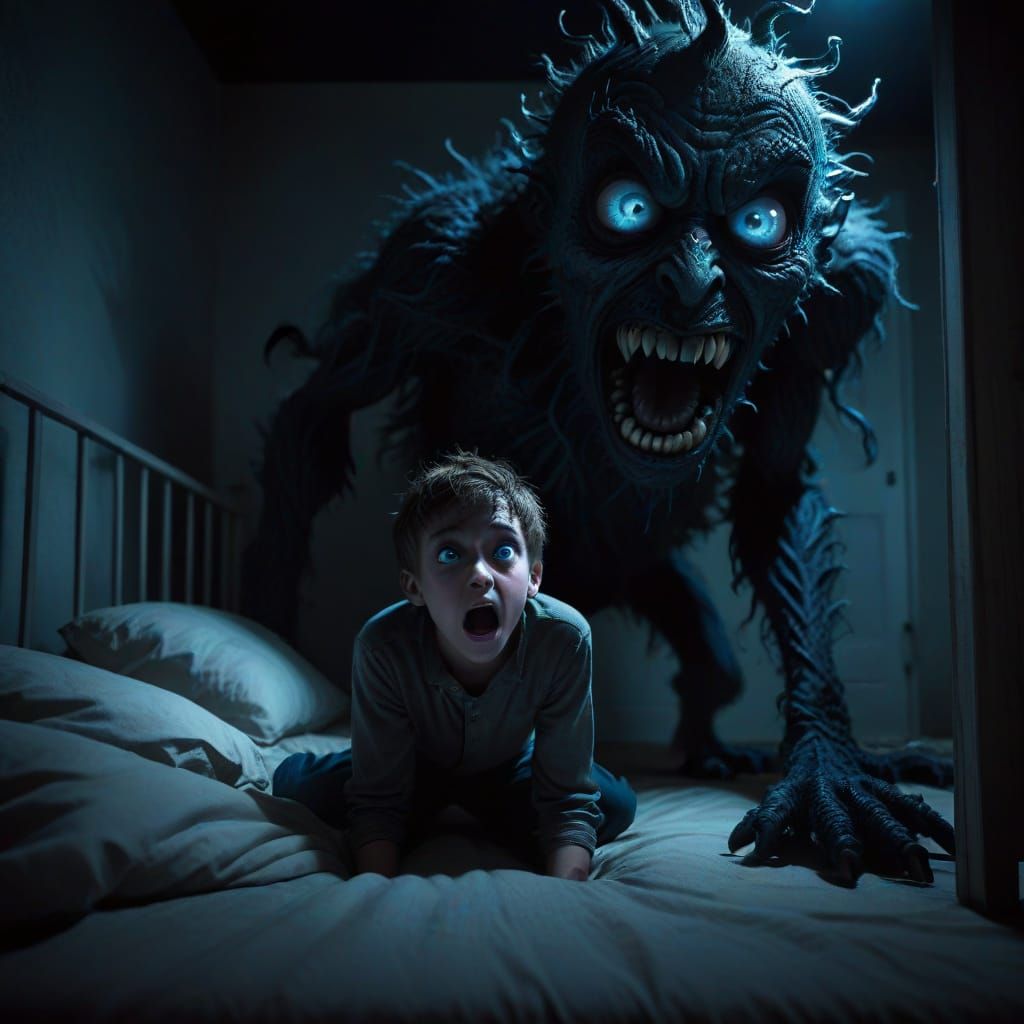 Eerie Boy Faces Fearsome Night Monster Under Bed