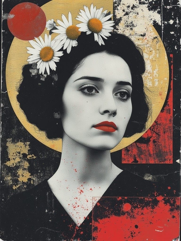 Geisha with Daisies Crown: Neo-Impressionist Portrait