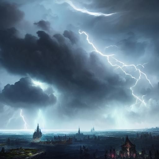 Storm Clouds and Lightning in Hatched-Drawing Style