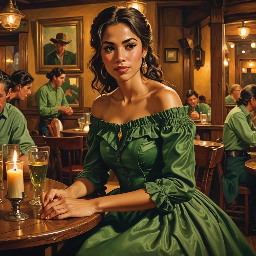 Latina Woman in Saloon, Romantic Realism Style
