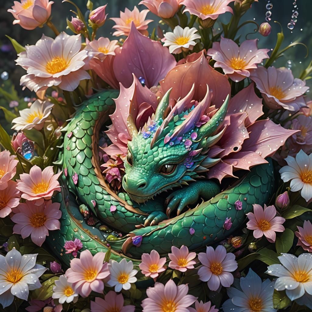 Baby Dragon Sleeping in Flower: Fantasy Concept Art