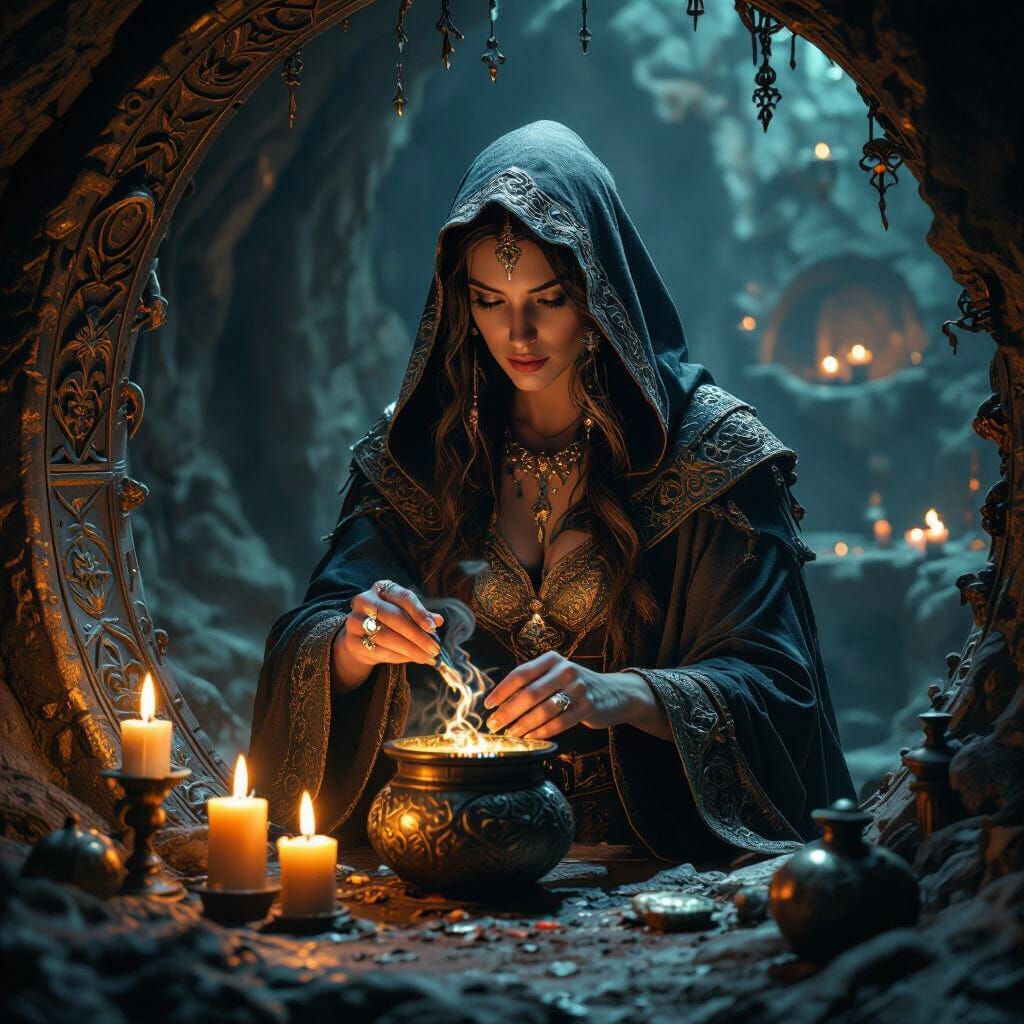 Sorceress Brewing Spell in Secret Cave: Metal Relief
