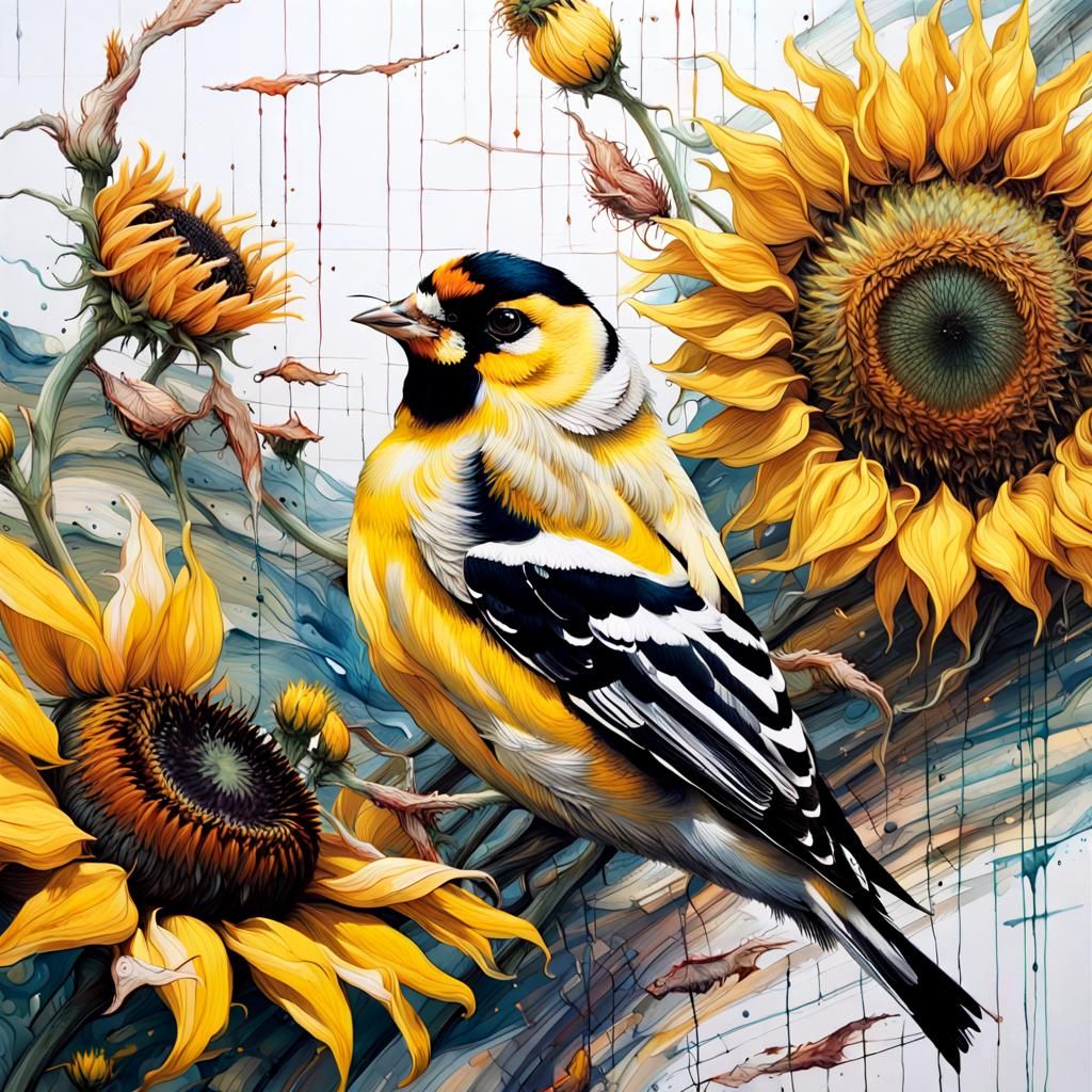 Goldfinch and Sunflower in Suminagashi Style