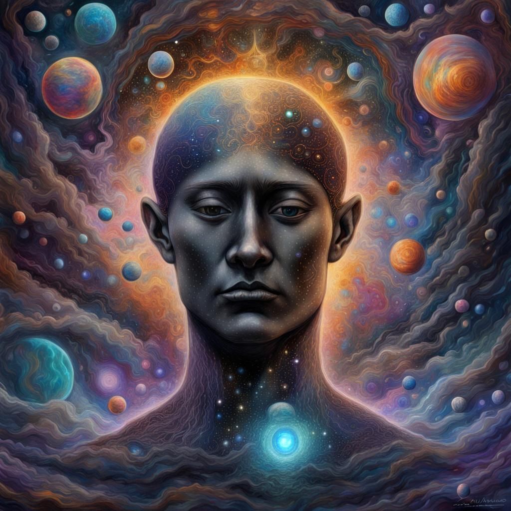 Cosmic Entity Glimpses Multiverse in Astral Illustration