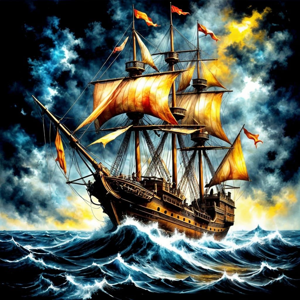 Epic Dark Fantasy Galleon Sails Under Night Sky in Intricate...