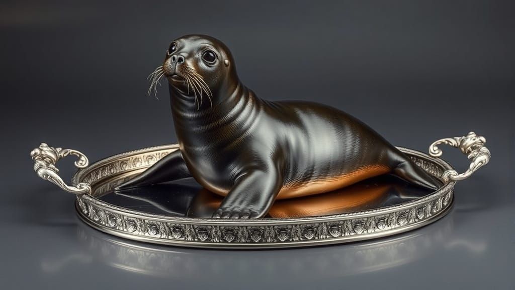 Majestic Seal on Ornate Stainless Steel Tray