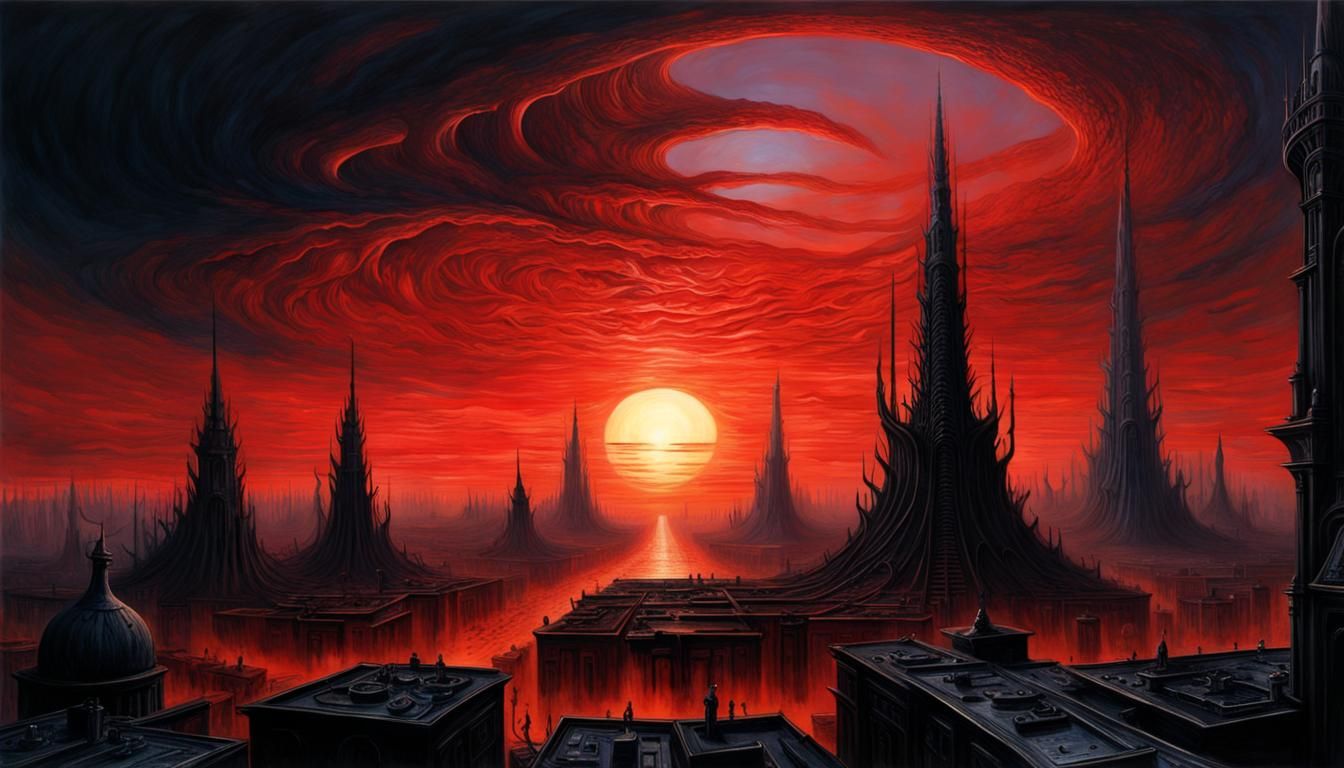 Vermillion Sunrise Over Dark Fantasy Cityscape