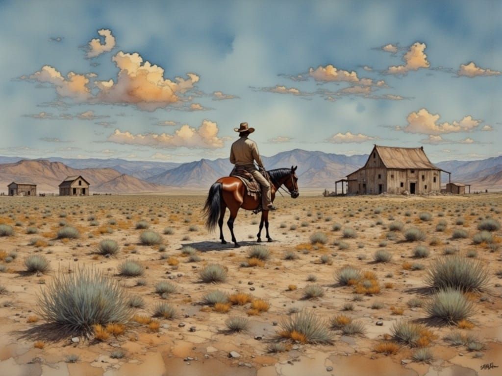 Lone Cowboy in Tabernas Desert at Sunset