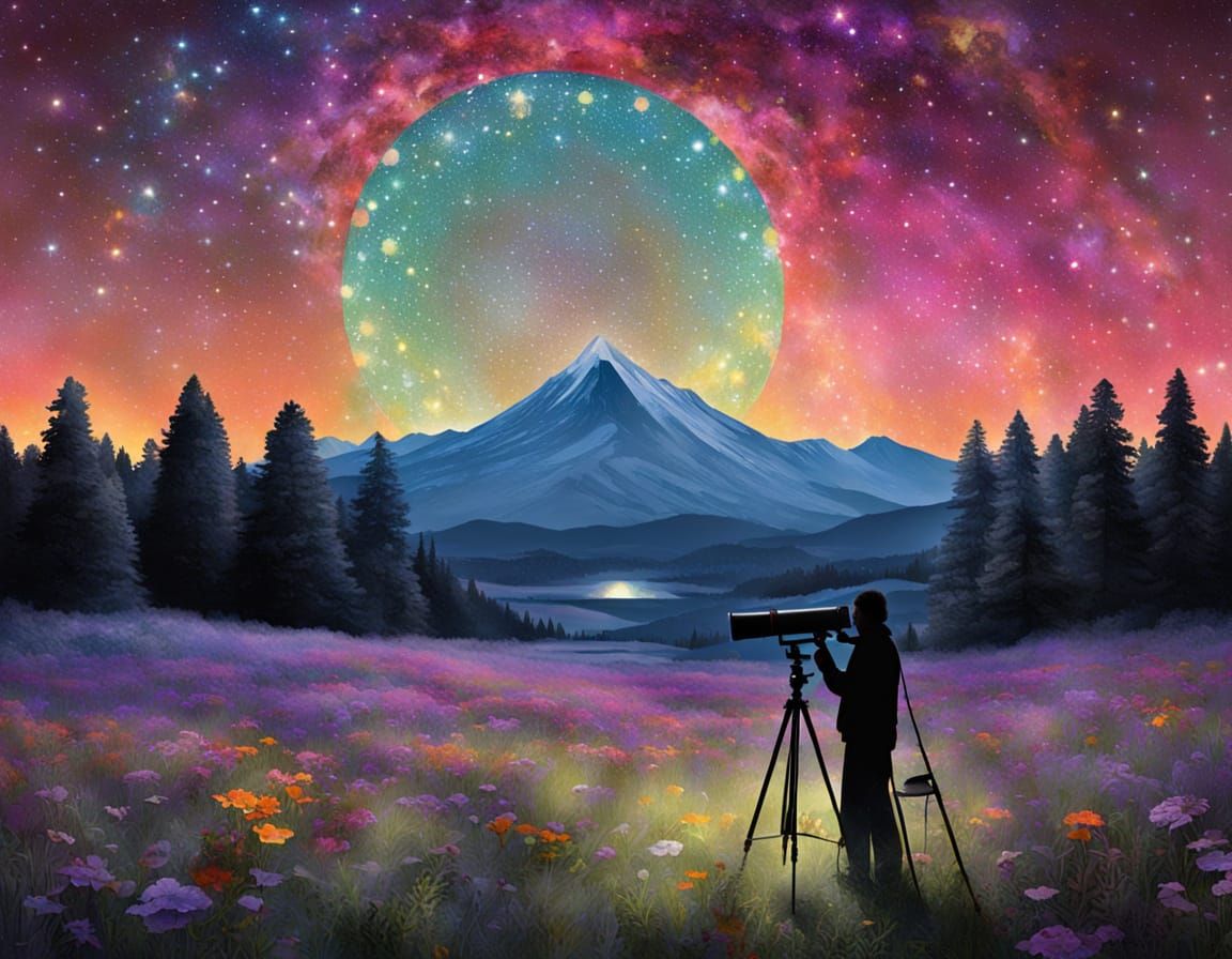 Superimposed Stargazer in Glimmering Twilight Meadow
