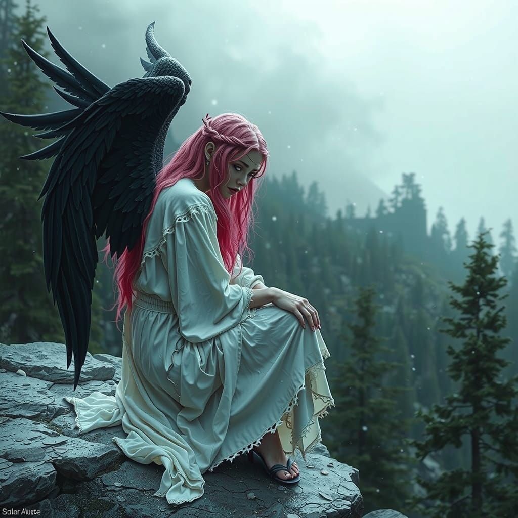 Majestic Fallen Angel Ascends the Cosmic Mountain