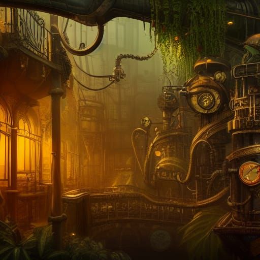 Steampunk Jungle Library with Frogs: Detailed Matte Painting