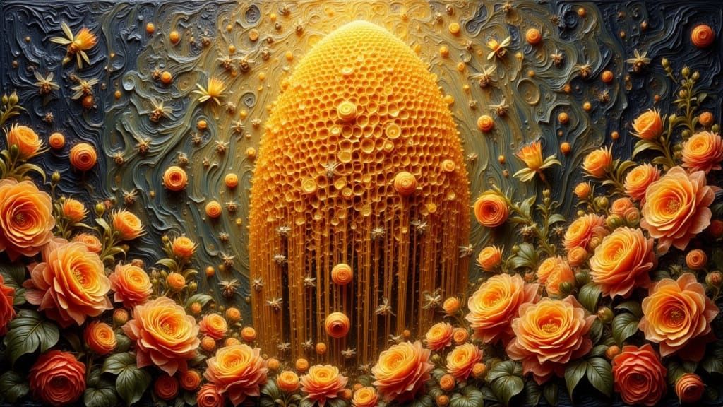Surreal Beehive in Rose Jungle, Dreamy Van Gogh Style