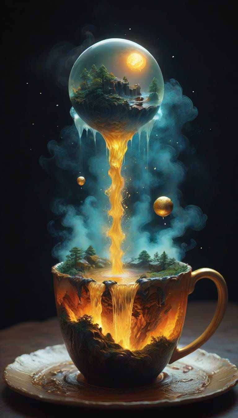 Teacup World: Molten Gold Waterfall in Digital Art
