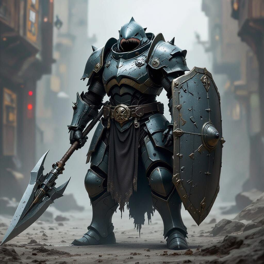 Shark-themed Warforged Warrior with Halberd and Shield