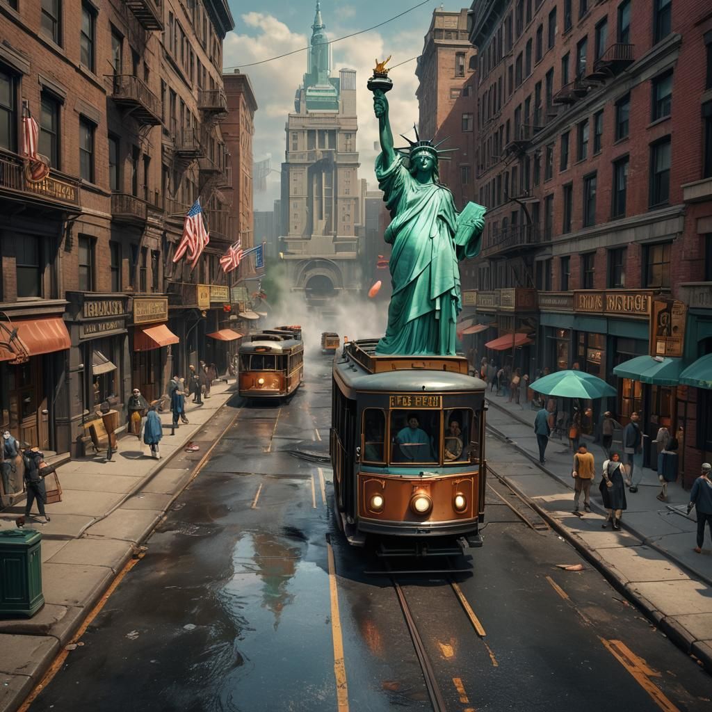 Statue of Liberty Rides Trolley on Old NYC Streets