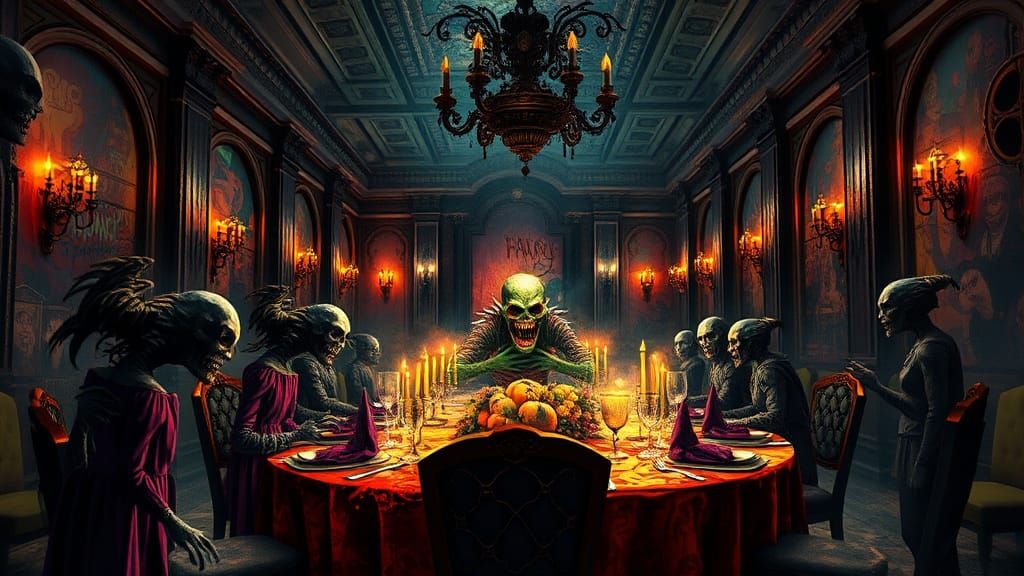 Spooky Halloween Banquet with Monsters in Graffiti Art