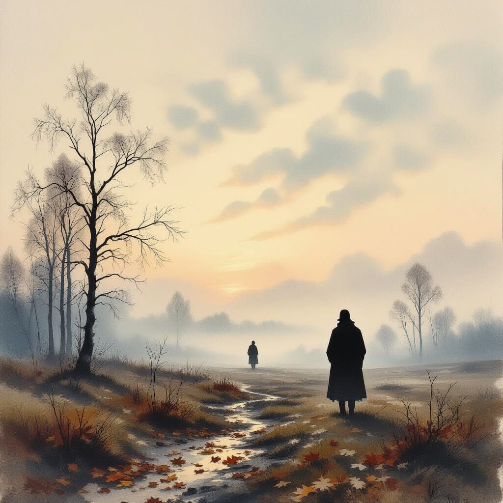 Melancholic Autumn Landscape in Faded Watercolor Style