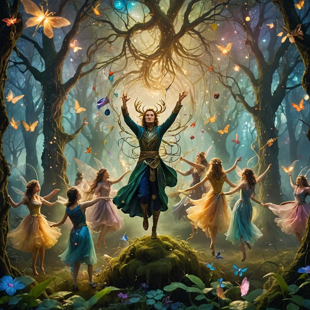 Ra Surrounded by Dancing Fairies in Surreal Dreamscape