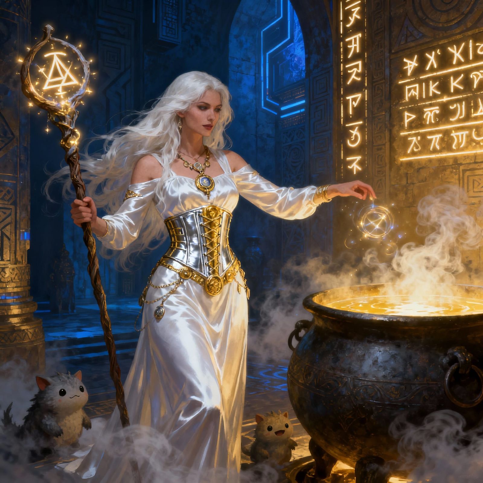 Sorceress Casting Spells in Opulent Ancient Room