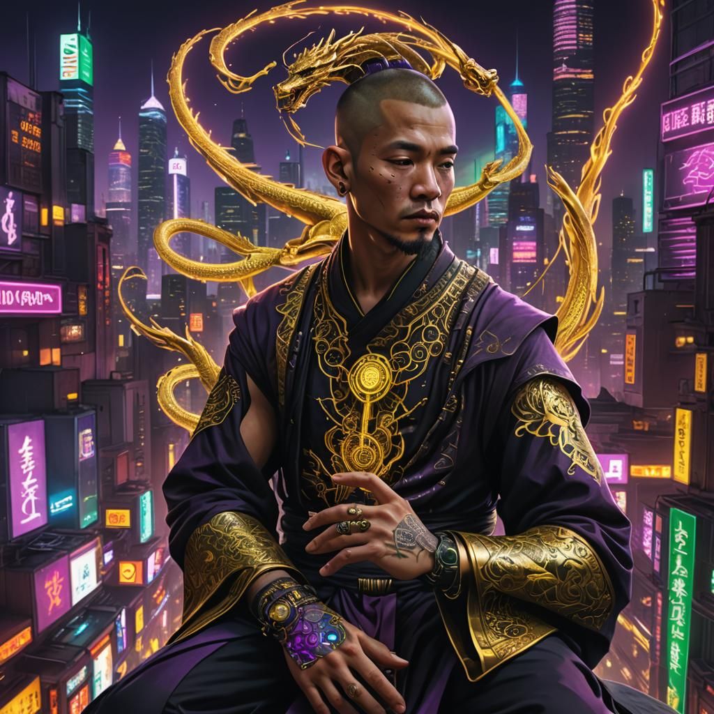 Cyberpunk Monk Meditating in Neon Cityscape
