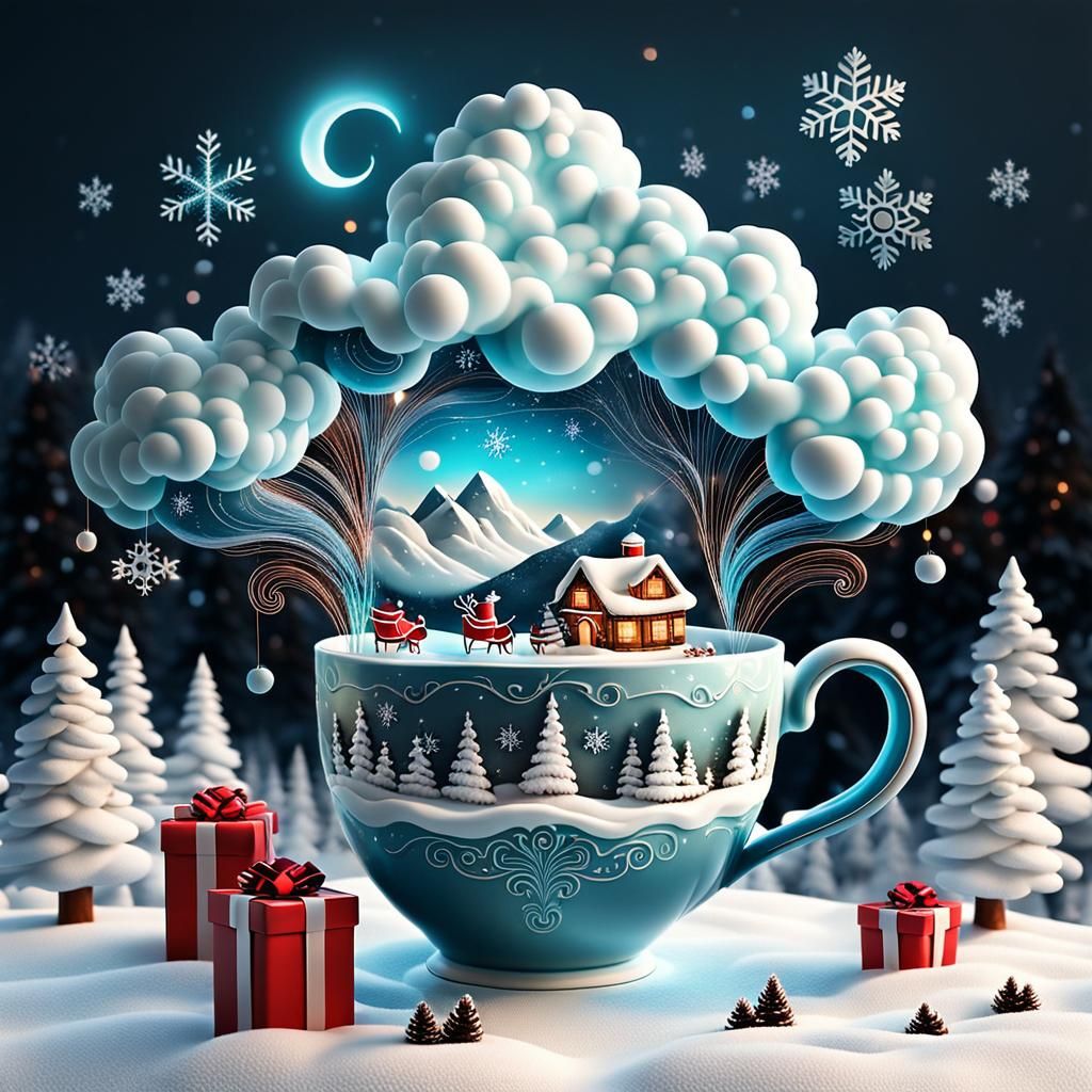 Surreal Winter Wonderland with Glowing 3D Tea Cup and Christ...