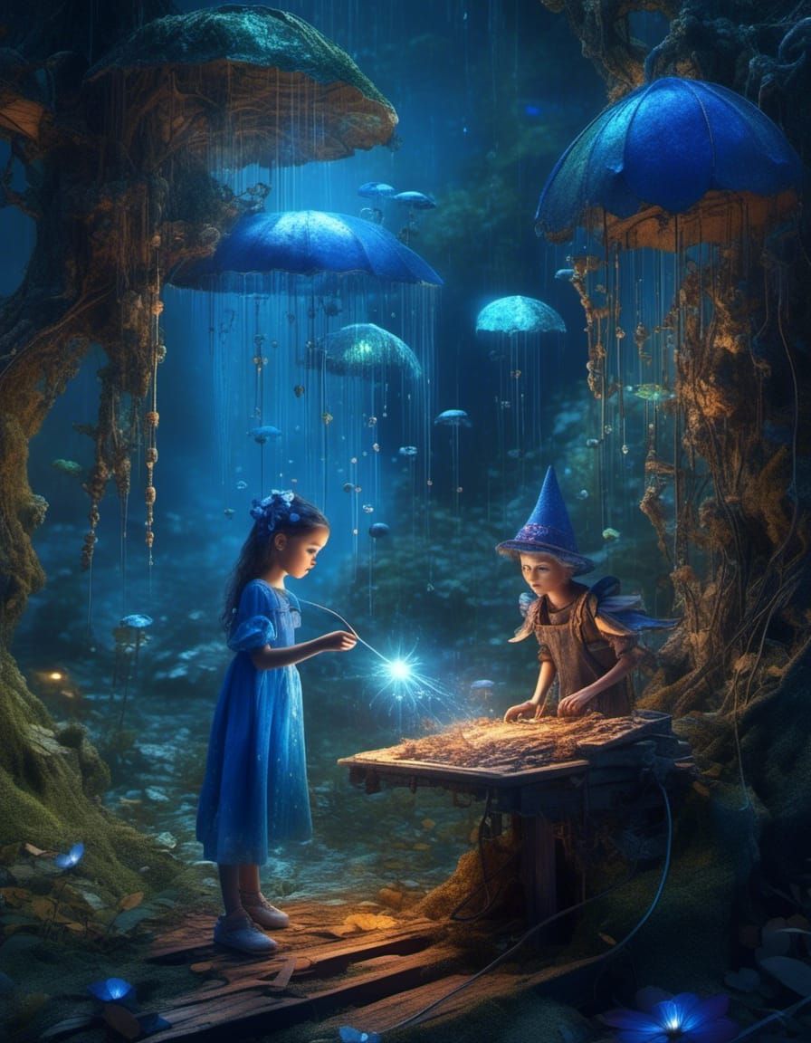 Blue Fairy Touches Pinocchio in Hyperrealistic Style