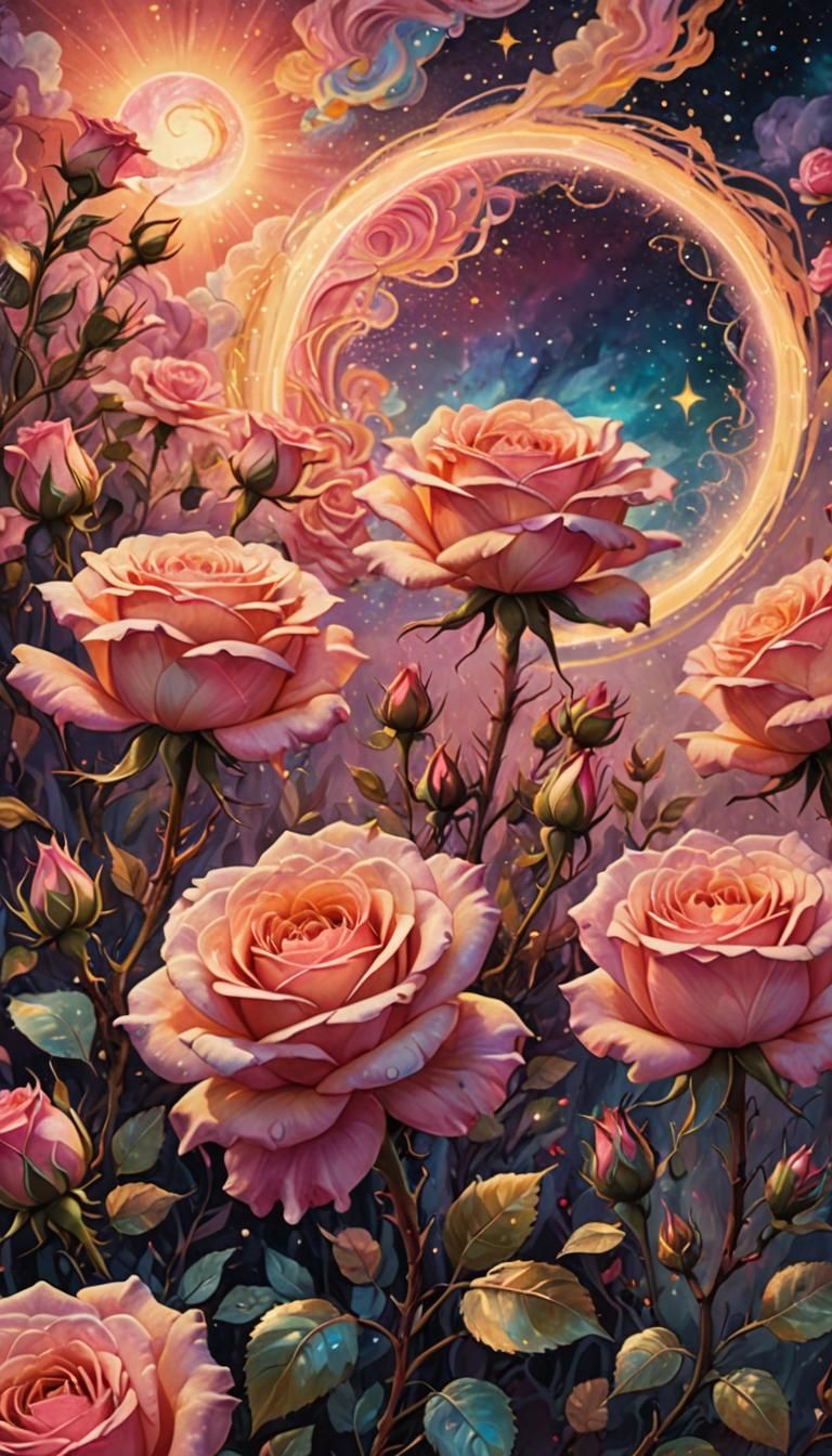 Astral Sunset with Roses in Mixed Media Style