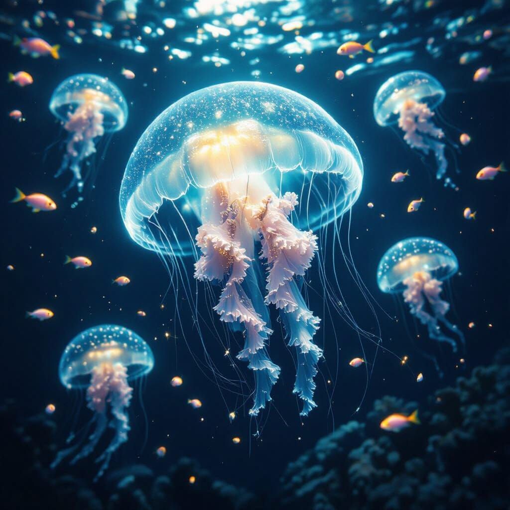 Bioluminescent Jellyfish in Ethereal Ocean Light