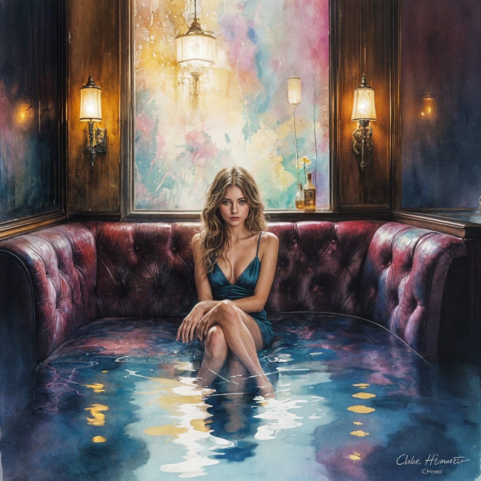 Art Deco Bar with Live Jazz in Watercolor Style