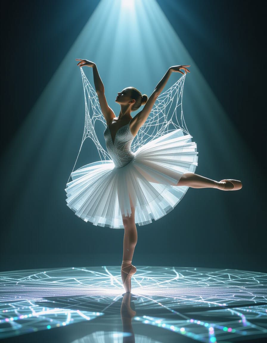 Ballerina Made of Spider Webs in Spotlight