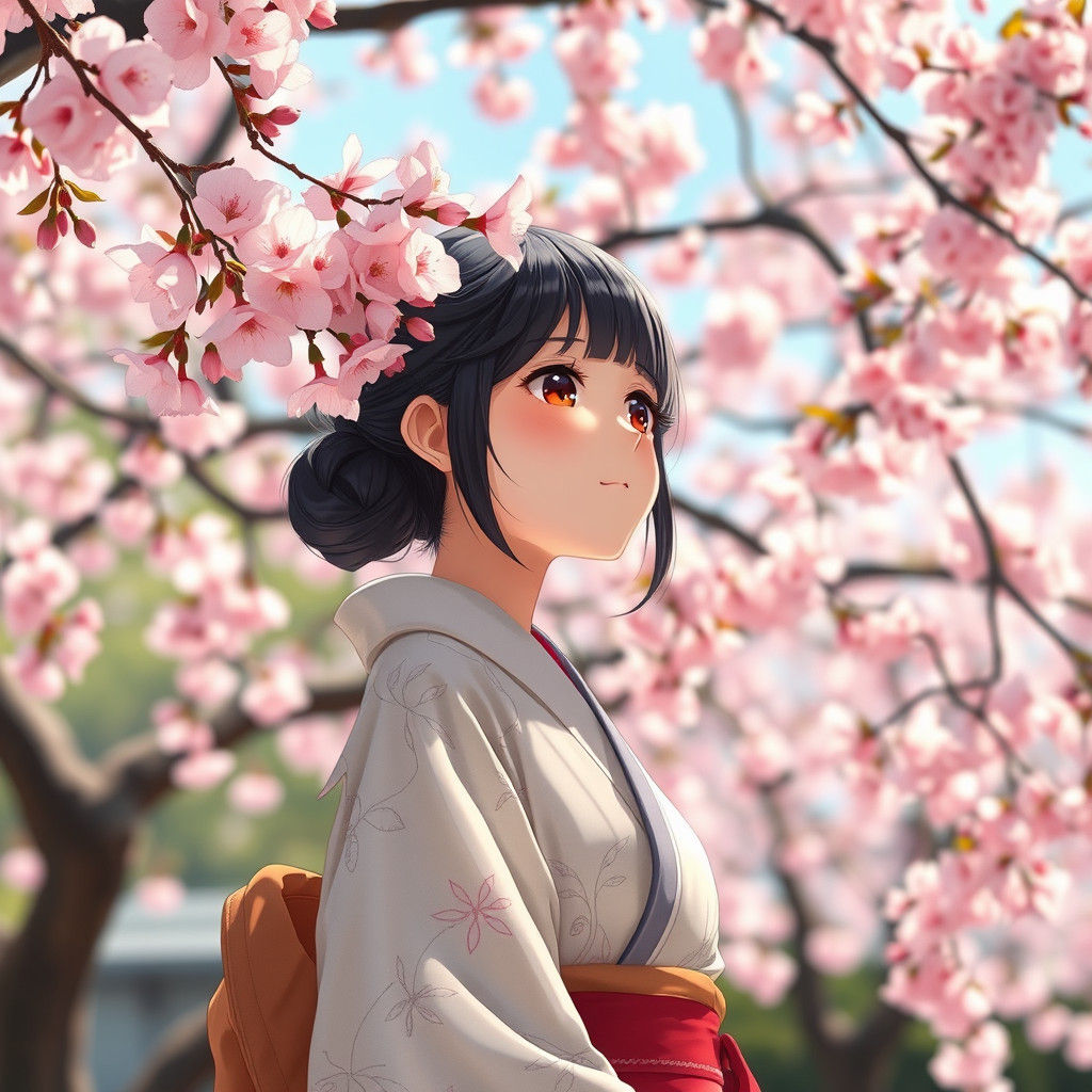 Anime Girl in Yukata Gazing at Sakura Tree