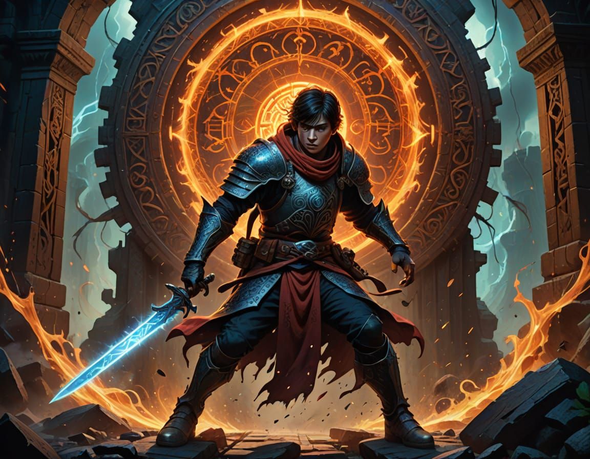 Boy Battles Knights at Collapsing Portal, Fantasy Artwork