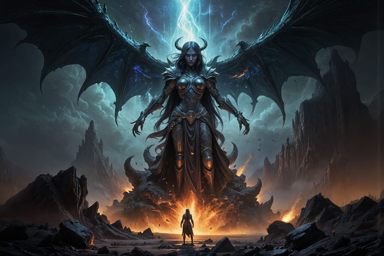 Fantasy Warrior at Obsidian Throne with Cosmic Sky