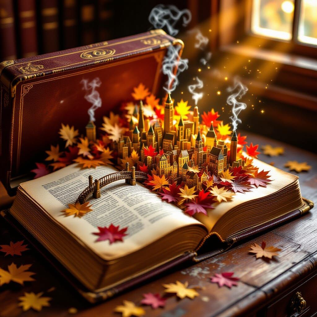 Miniature Leaf City on Antique Book, Magical Realism