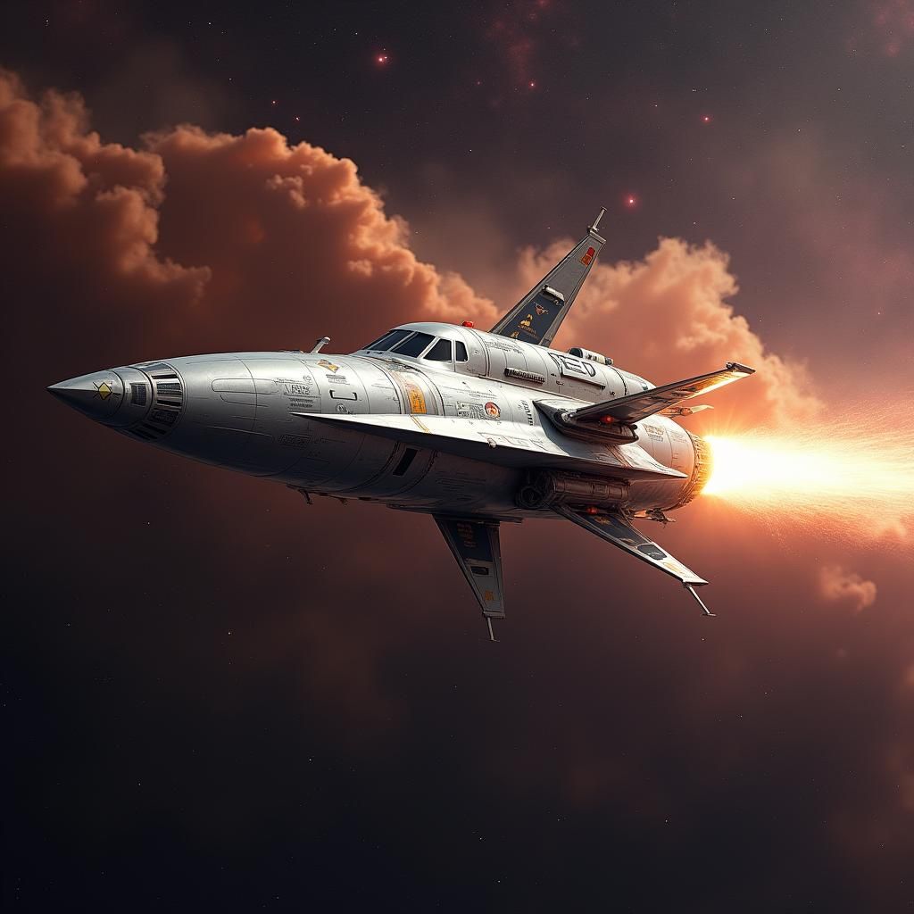 Sleek Silver Spacecraft Soaring Through Nebula