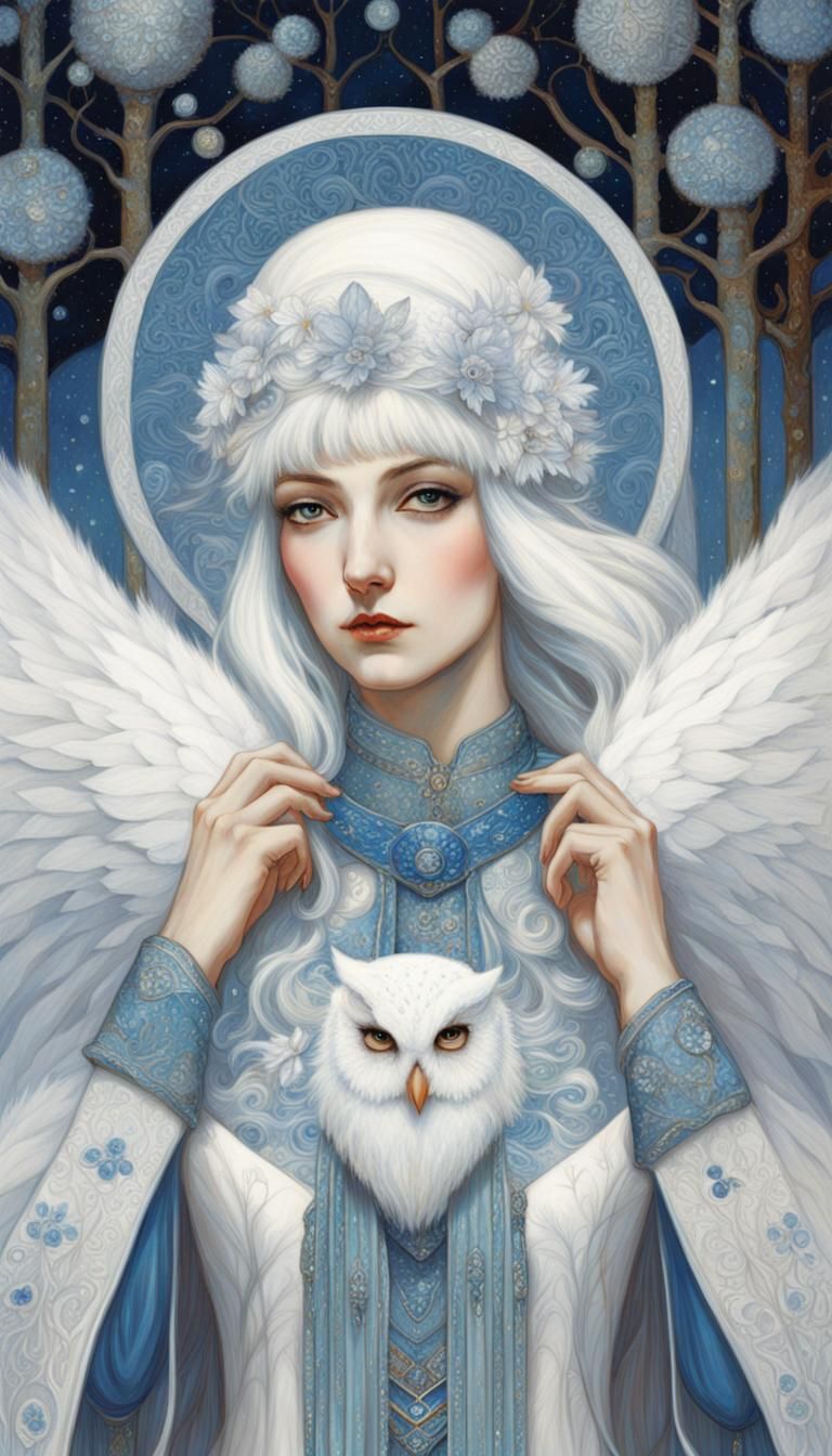 Snow Fairy with Owl in Art Nouveau Style