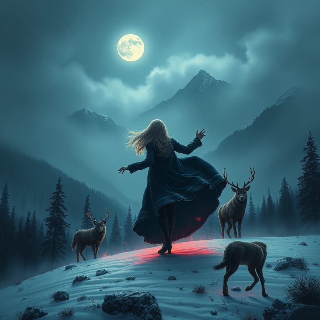 Mystical Dance Under Moonlit Snowfall in Haunted Mountains