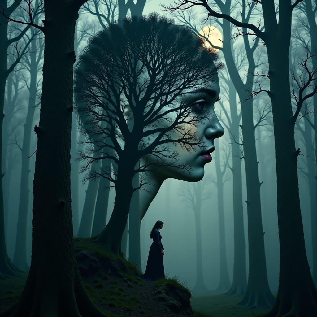 Double Exposure: Face in Enchanted Woods Night Sky