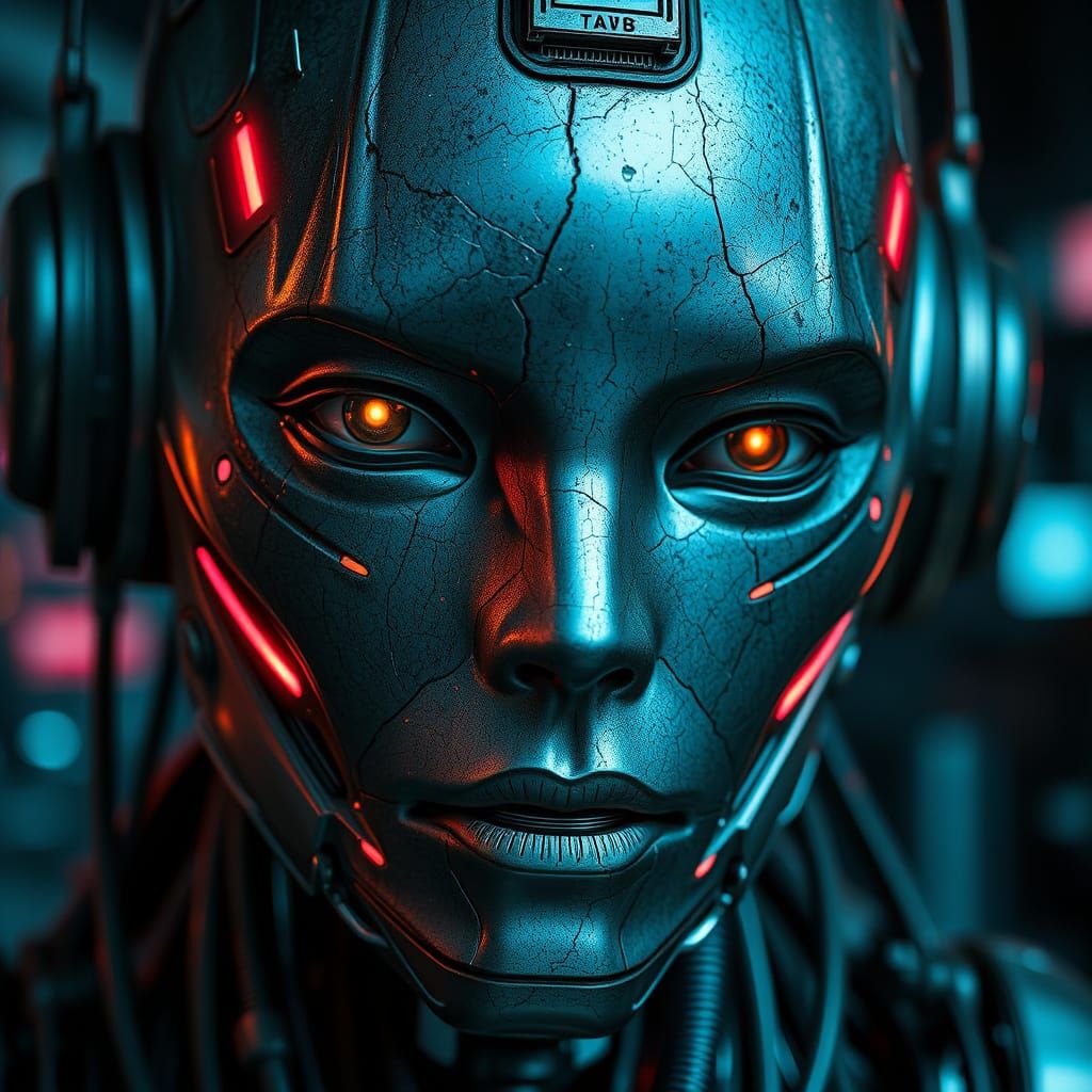 Worn Android Face in Cyberpunk Dystopia