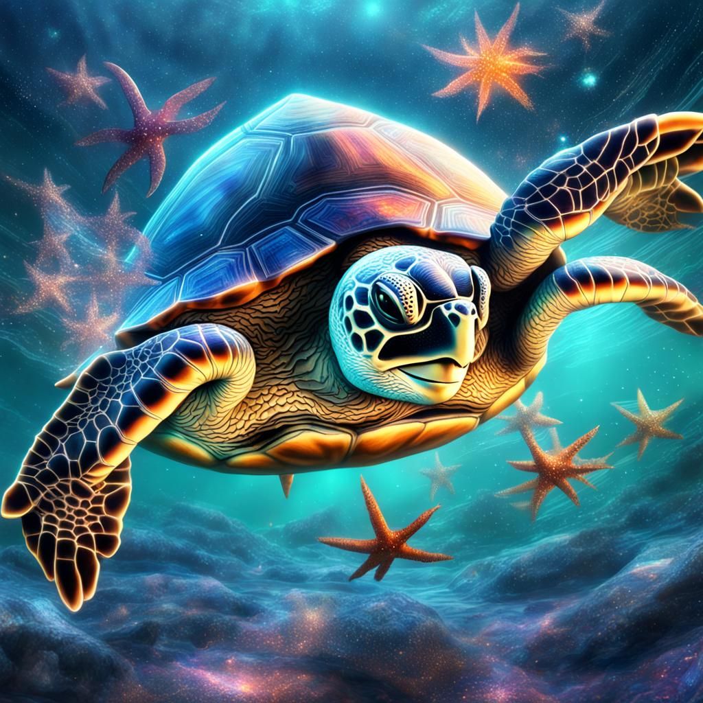 Turtle's Epic Sea Battle: Holographic Astral Illustration