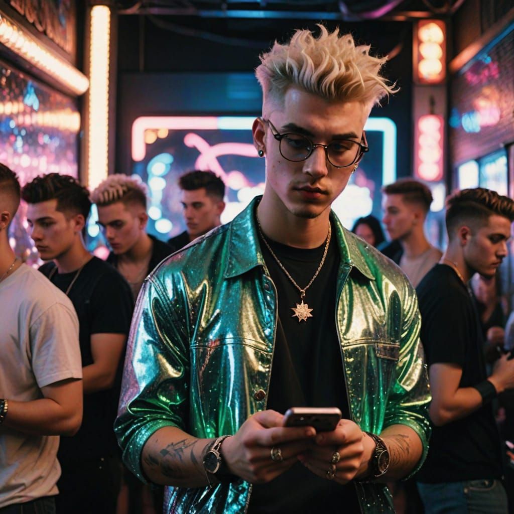 Grunge Guy in Discotheque Aesthetic with Neon Lights and Glo...